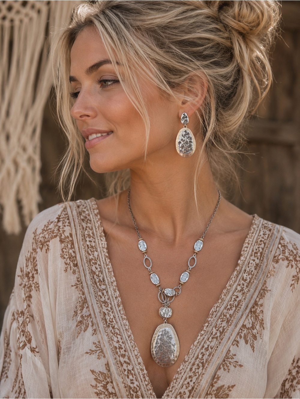 NWT Ruby Rd. Boho Floral Pendant Necklace and Earrings Set